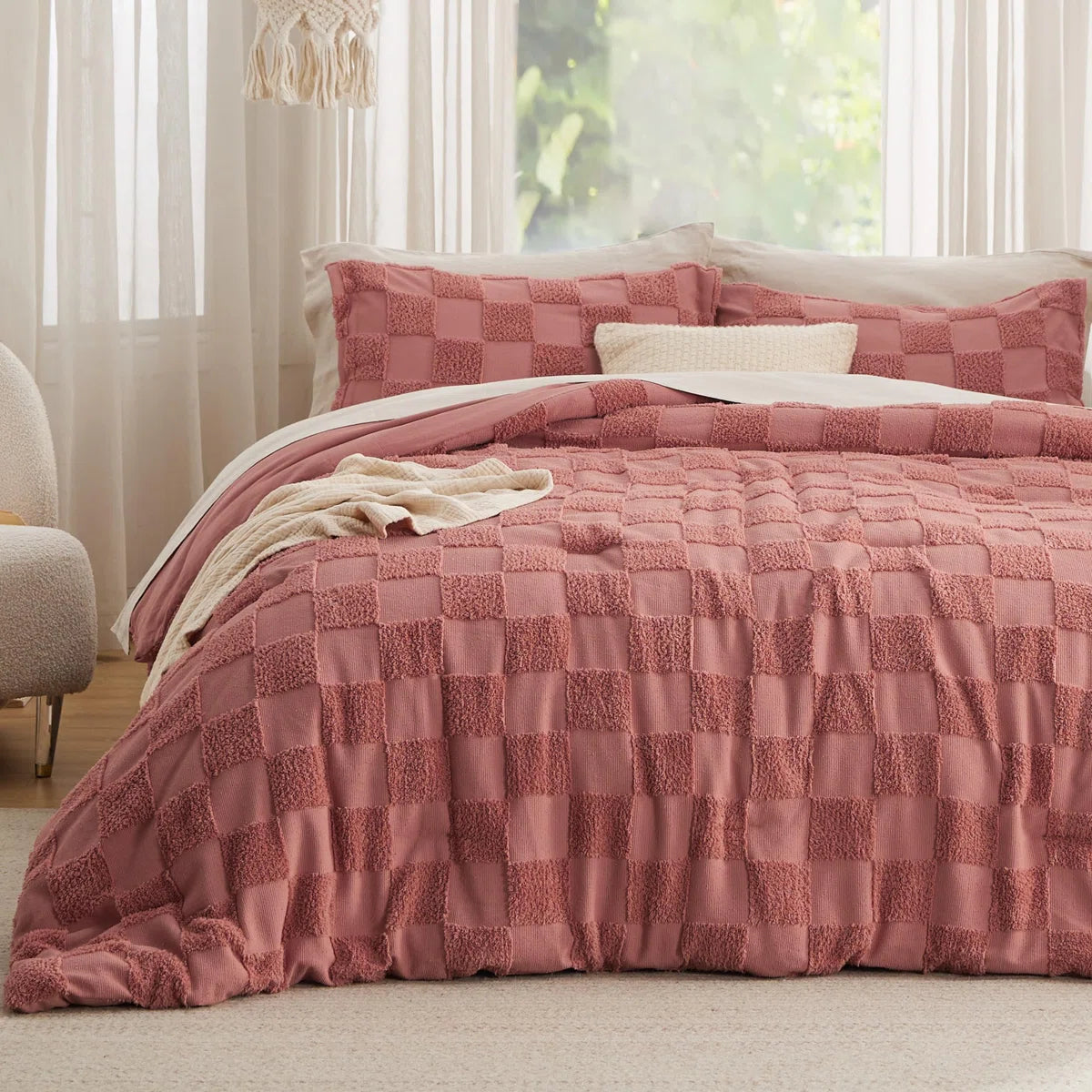 Boho Tufted Checkered Farmhouse Comforter Set, 230GSM
