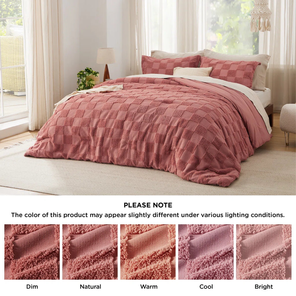 Boho Tufted Checkered Farmhouse Comforter Set, 230GSM