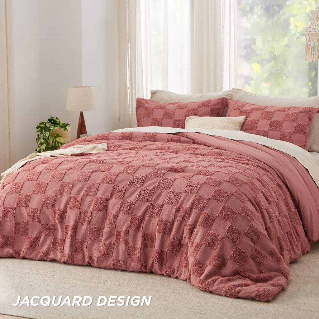 Boho Tufted Checkered Farmhouse Comforter Set, 230GSM